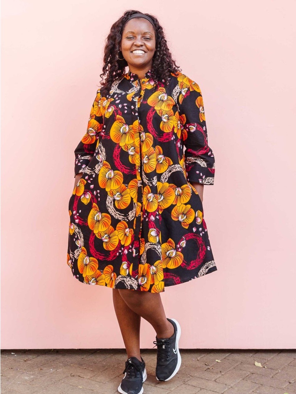 Zuri Kenya 100% Cotton Shirt Dress Orchidea African Print Sz Small Tall Pockets